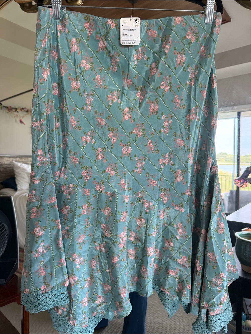 Free People Sage Green Floral Midi Skirt with Pink Rose Print